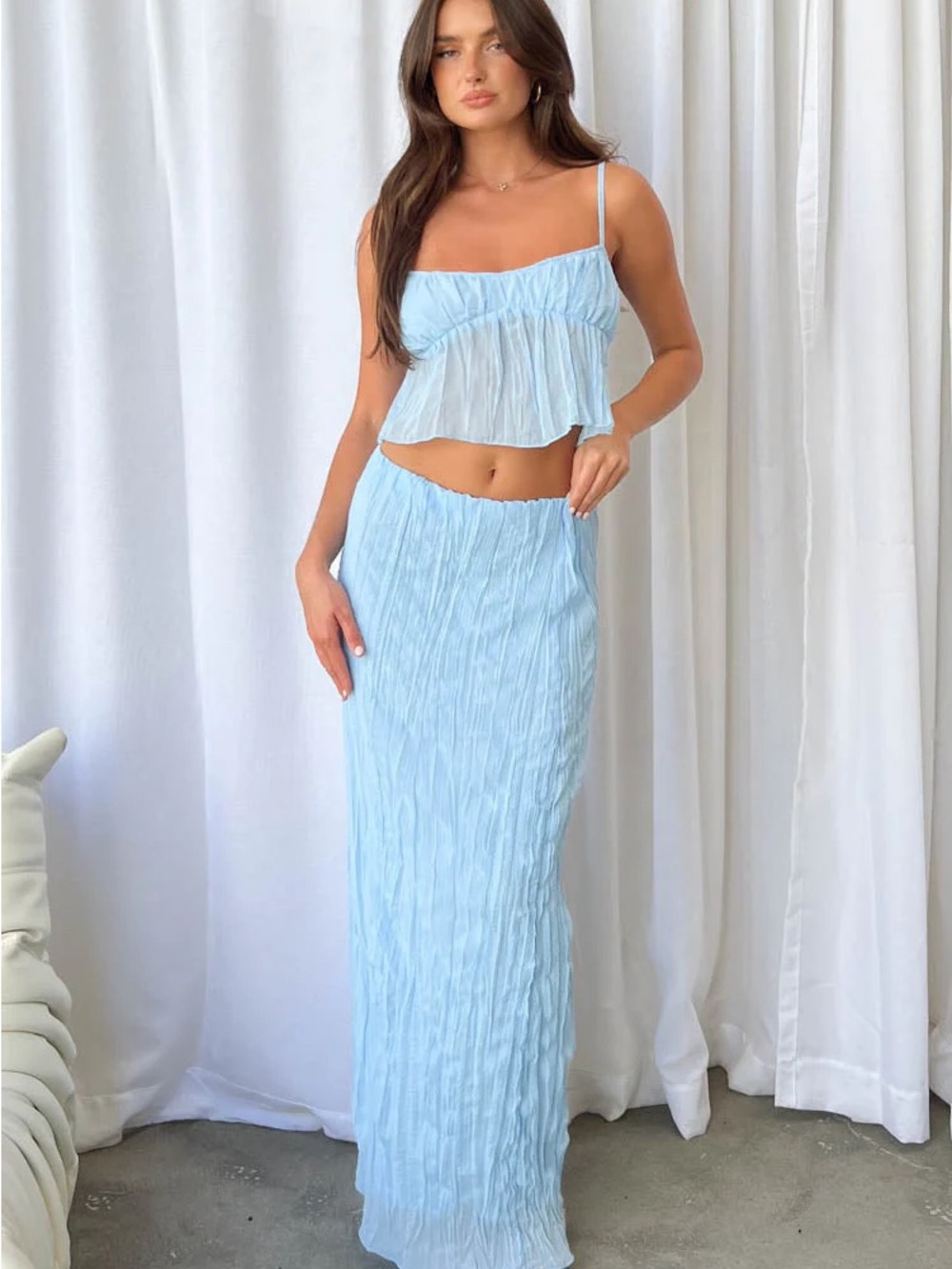 Light Blue Crinkle Maxi Skirt and top - Women's Summer Skirt and top set